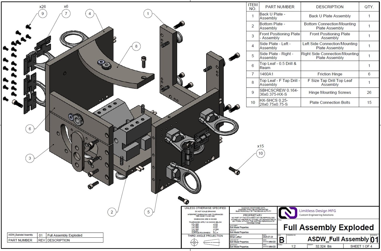 Exploded assembly drawing with bill of materials, drawn in SolidWorks