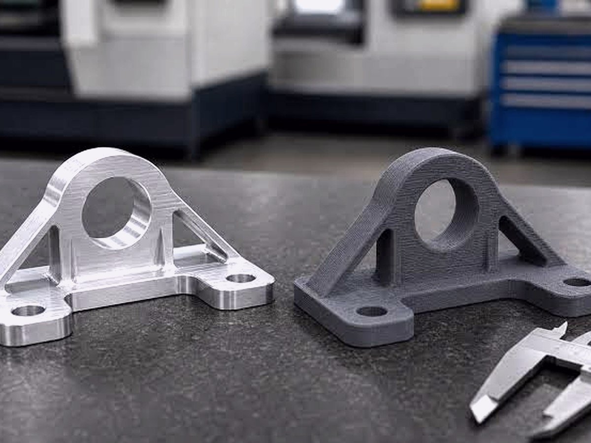 A machined aluminium bracket beside the printed version that replaces it